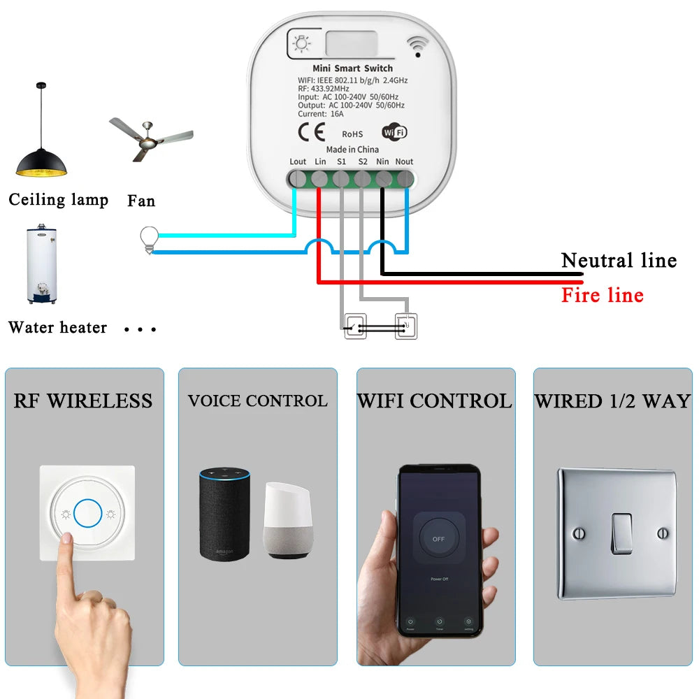 Smart Home WiFi and RF Smart Light Switch Kinetic Wireless Self Powered Wall Switch Remote Control 2Way Timing Module 220V 16A