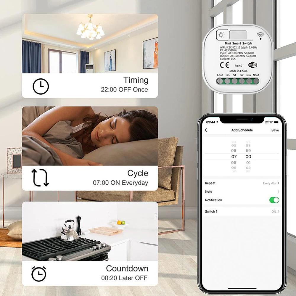 Smart Home WiFi and RF Smart Light Switch Kinetic Wireless Self Powered Wall Switch Remote Control 2Way Timing Module 220V 16A