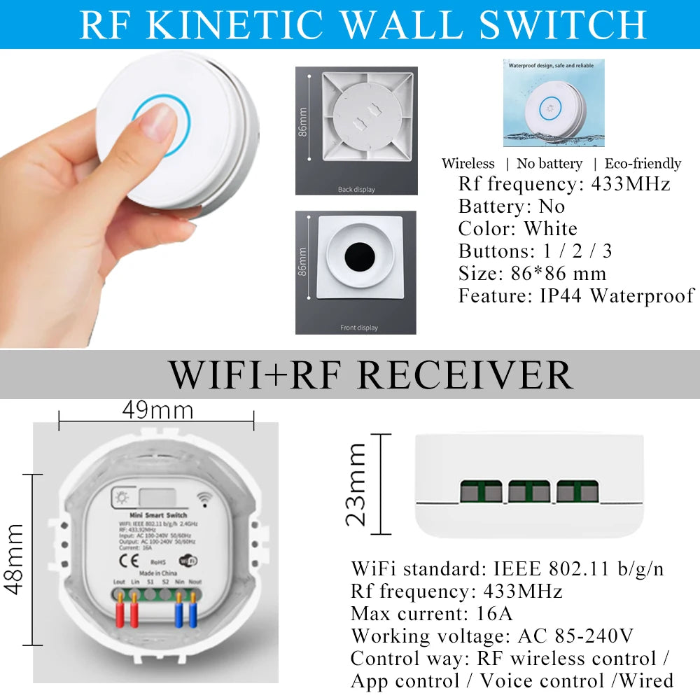 Smart Home WiFi and RF Smart Light Switch Kinetic Wireless Self Powered Wall Switch Remote Control 2Way Timing Module 220V 16A